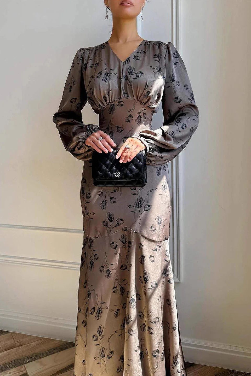 Neutral Floral Satin Waist-Tie Long Sleeve Maxi Dress