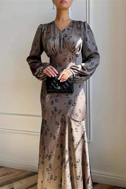 Neutral Floral Satin Waist-Tie Long Sleeve Maxi Dress