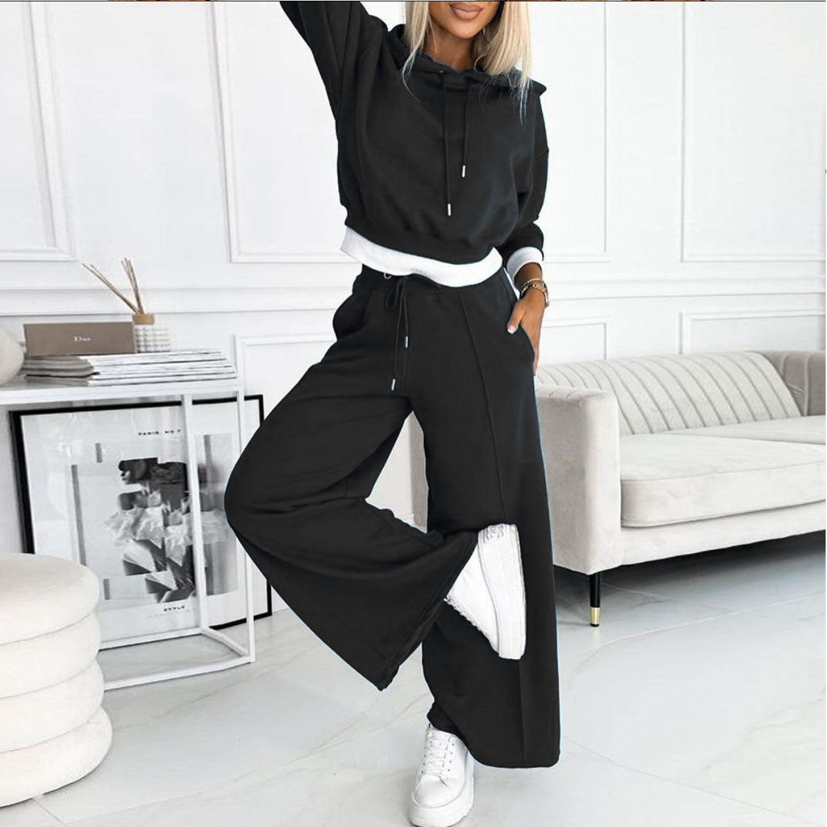 Women's Hoodie Suit Sporty Casual Long-Sleeved Hooded Sweatshirt And Drawstring Pocket Sweatpants Fashion Commuter Trousers Set Outfit Clothing