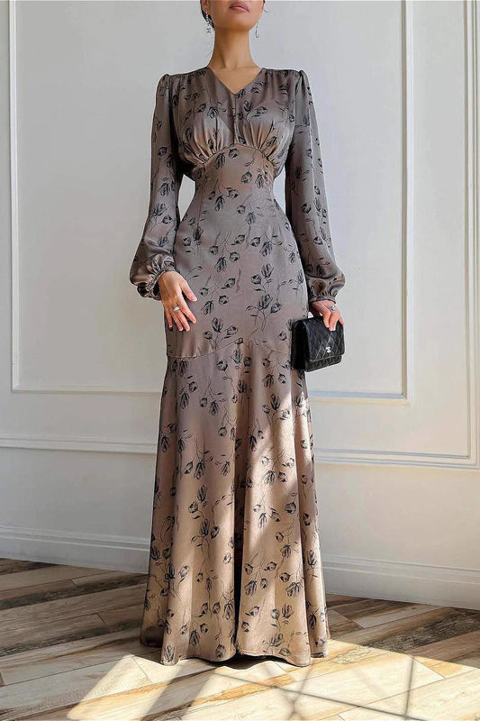 Neutral Floral Satin Waist-Tie Long Sleeve Maxi Dress