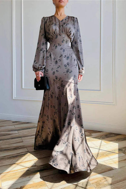 Neutral Floral Satin Waist-Tie Long Sleeve Maxi Dress